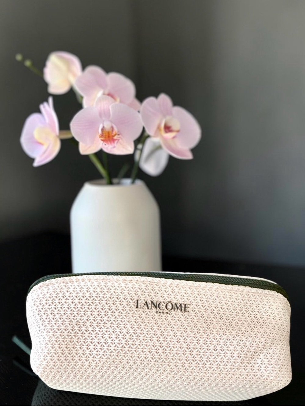 Lancôme Pink Woven Cosmetic Pouch With Black Trim. NEW